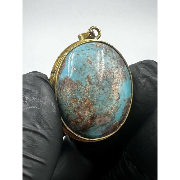 Natural Turquoise Pendant Metal Brass Handmade With Rope - Picture 9 of 11